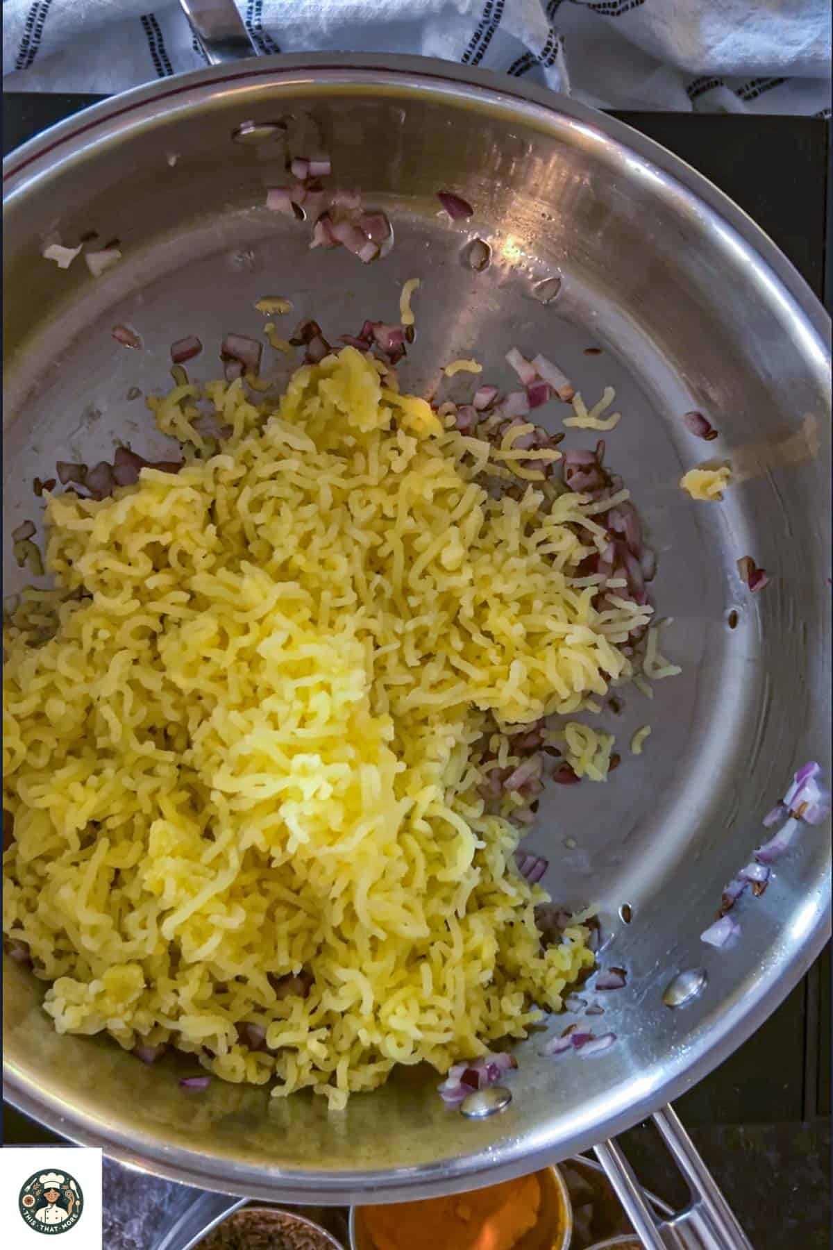 Add boiled and mashed potatoes in the pan, once onions are sauteed.