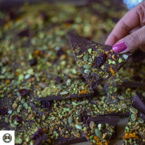 Healthy cranberry pistachio chocolate bark made with dark chocolate.