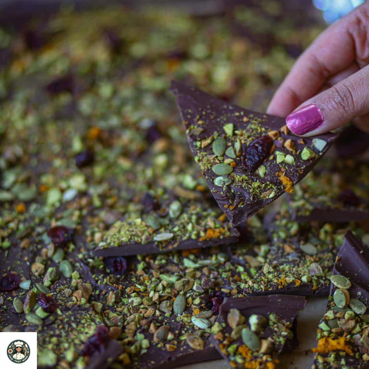 Healthy cranberry pistachio chocolate bark made with dark chocolate.