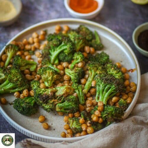 Air fryer broccoli and chickpeas easy healthy vegetarian recipe.