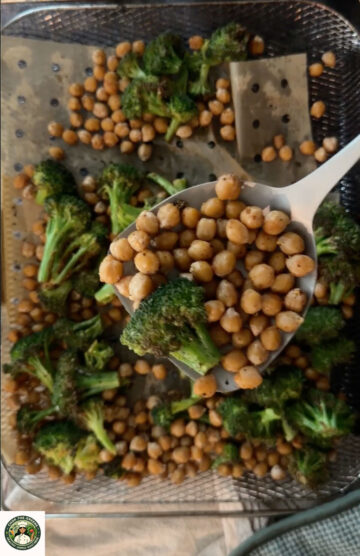Crispy air fryer broccoli and chickpeas after cooking.
