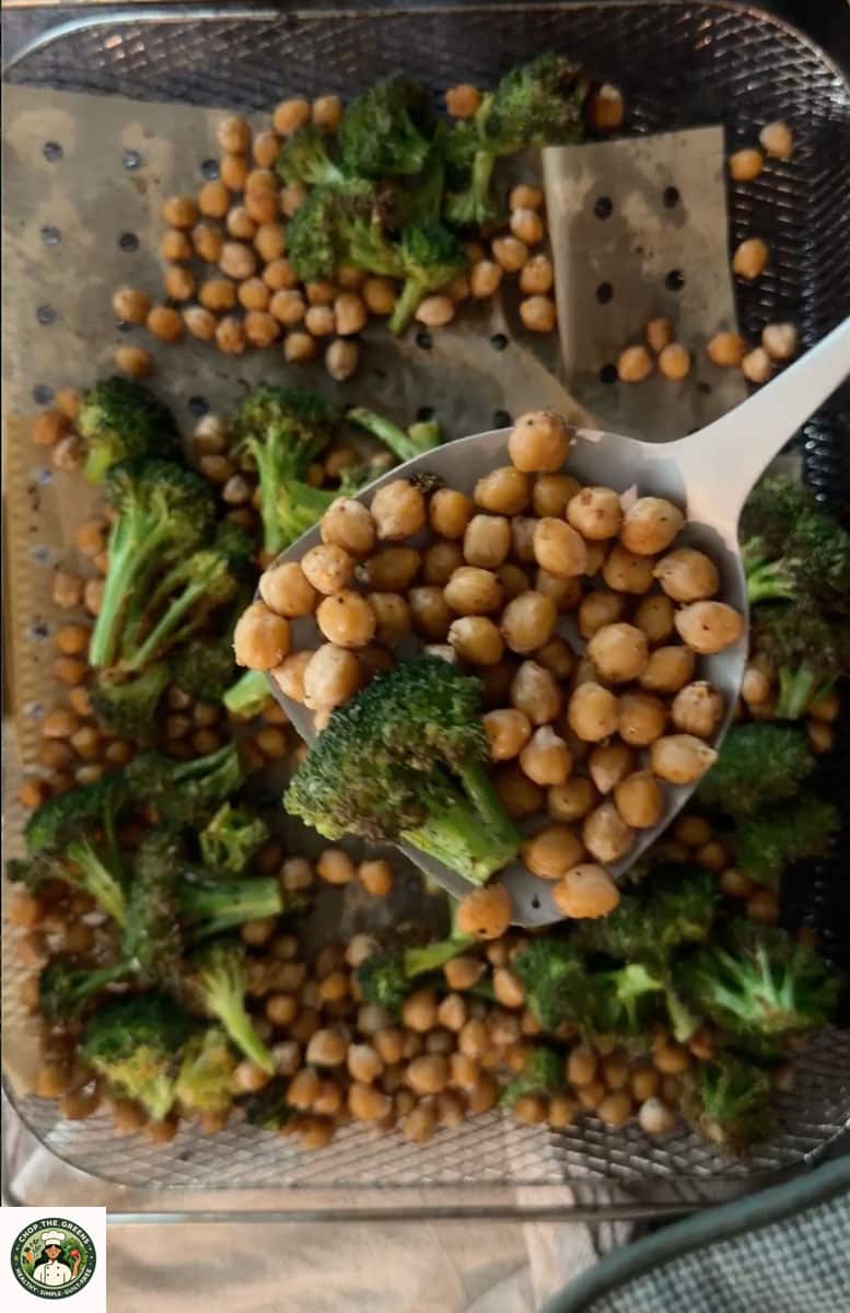 Crispy air fryer broccoli and chickpeas after cooking.
