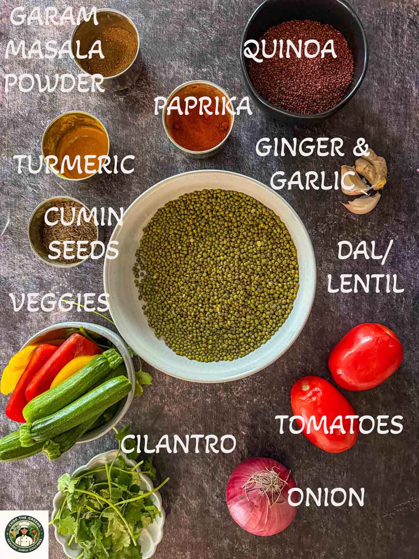 Ingredients for Instant Pot lentil and quinoa protein bowl arranged on a countertop.