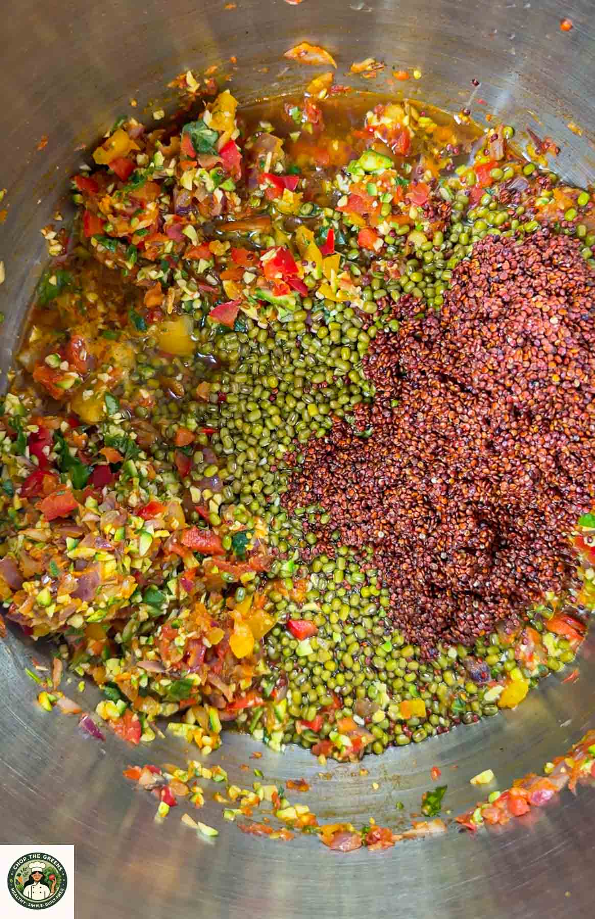 Lentils and quinoa added to Instant Pot before pressure cooking.