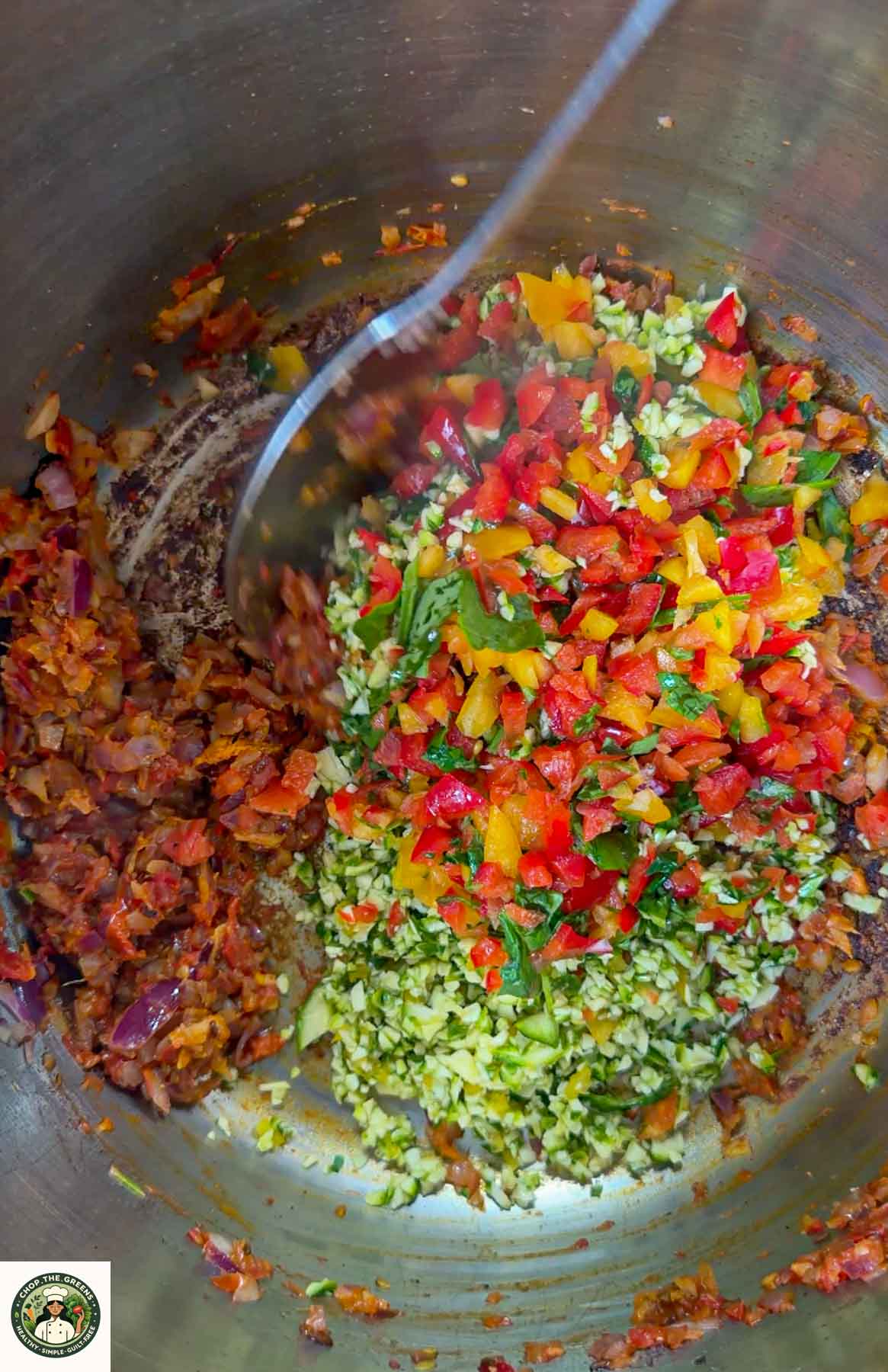 Chopped vegetables added to Instant Pot lentil quinoa base.