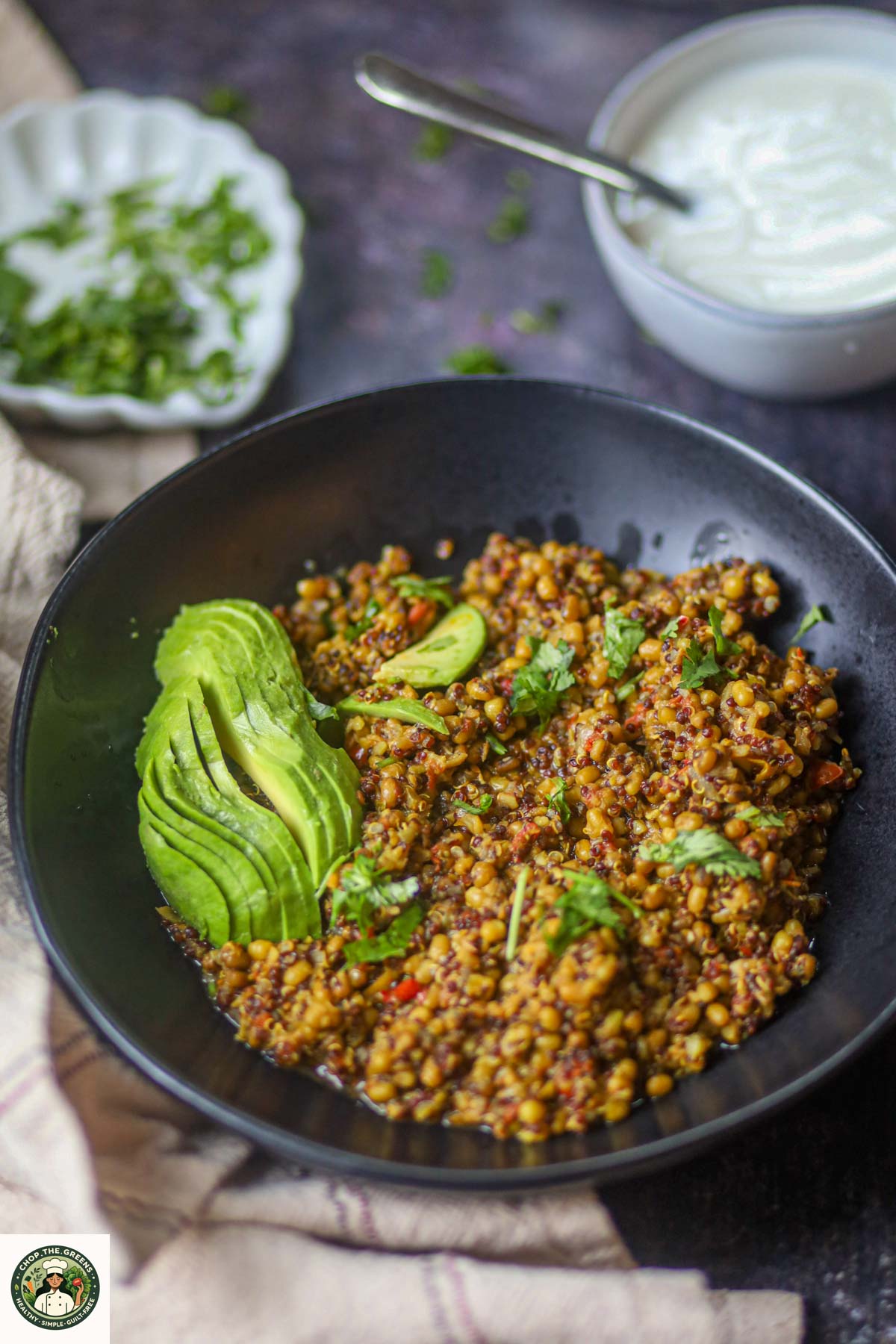 Close-up of lentil quinoa protein bowl showing cooked texture.