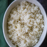 Close-up of long grain basmati rice with separated fluffy texture.