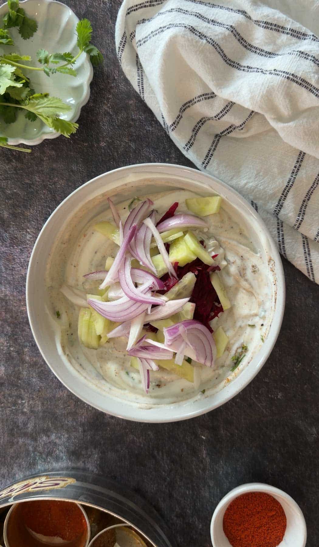 Beetroot, yogurt, and onions for beetroot raita.