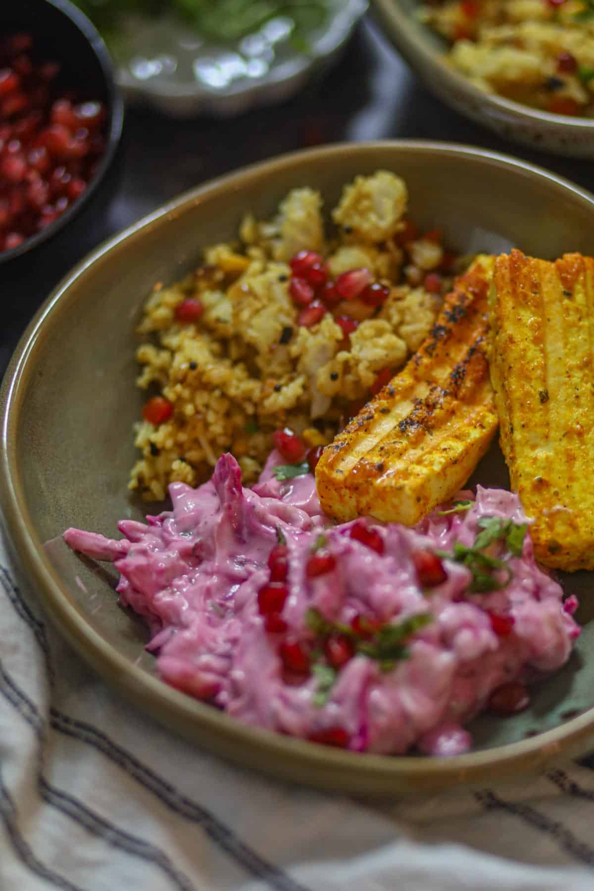 Grilled paneer tikka cubes in high protein vegetarian bowl.