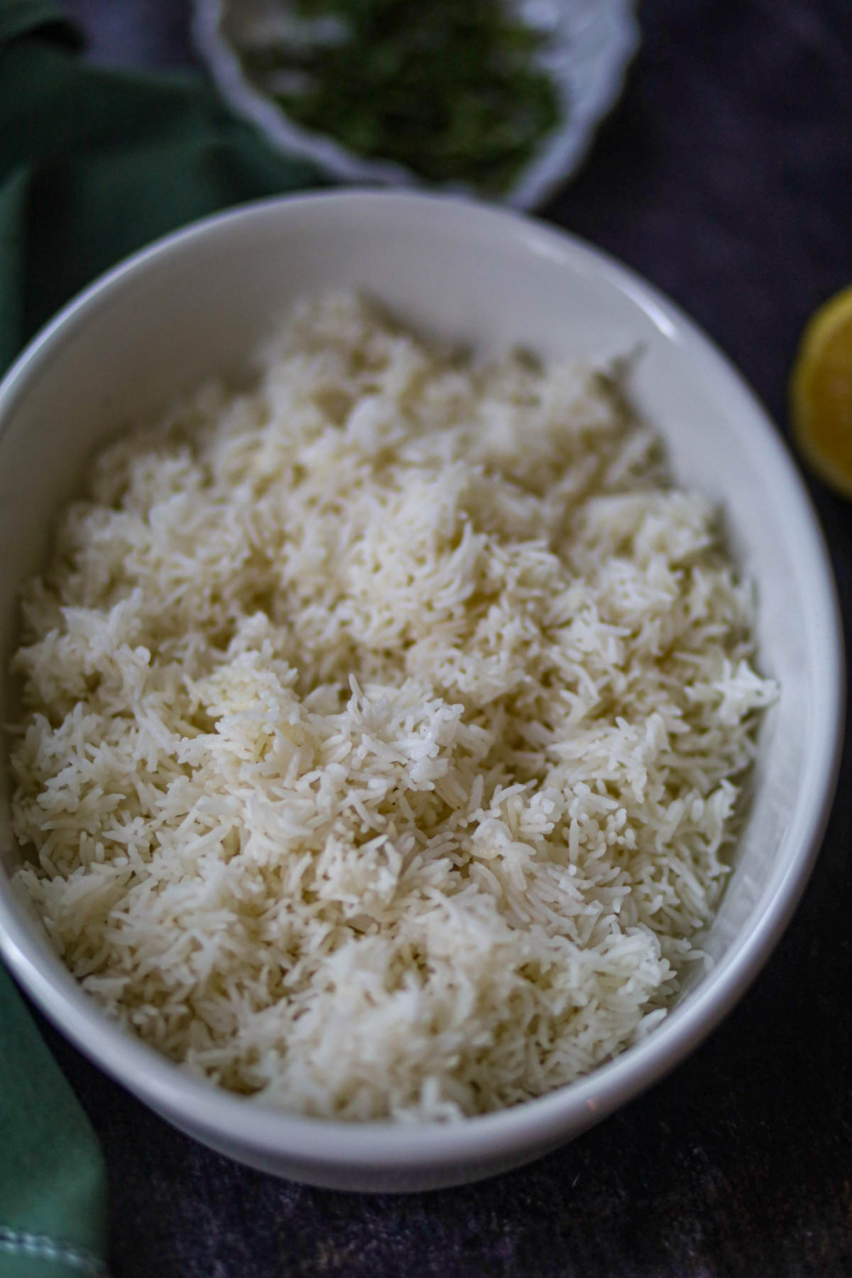 Fluffy instant pot basmati rice served in a white bowl.