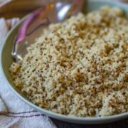 Close up of fluffy quinoa cooked in Instant Pot showing separated grains.