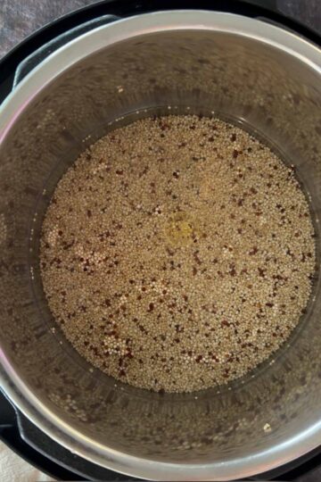 Quinoa and water in Instant Pot showing correct 1 to 1.25 ratio before pressure cooking.