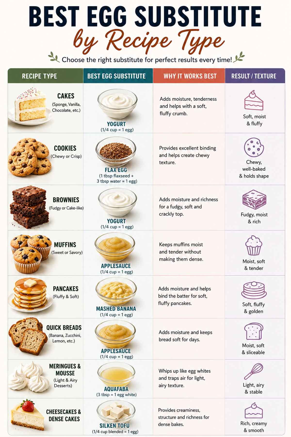 Best egg substitute by recipe type for cakes, cookies, brownies, and pancakes.