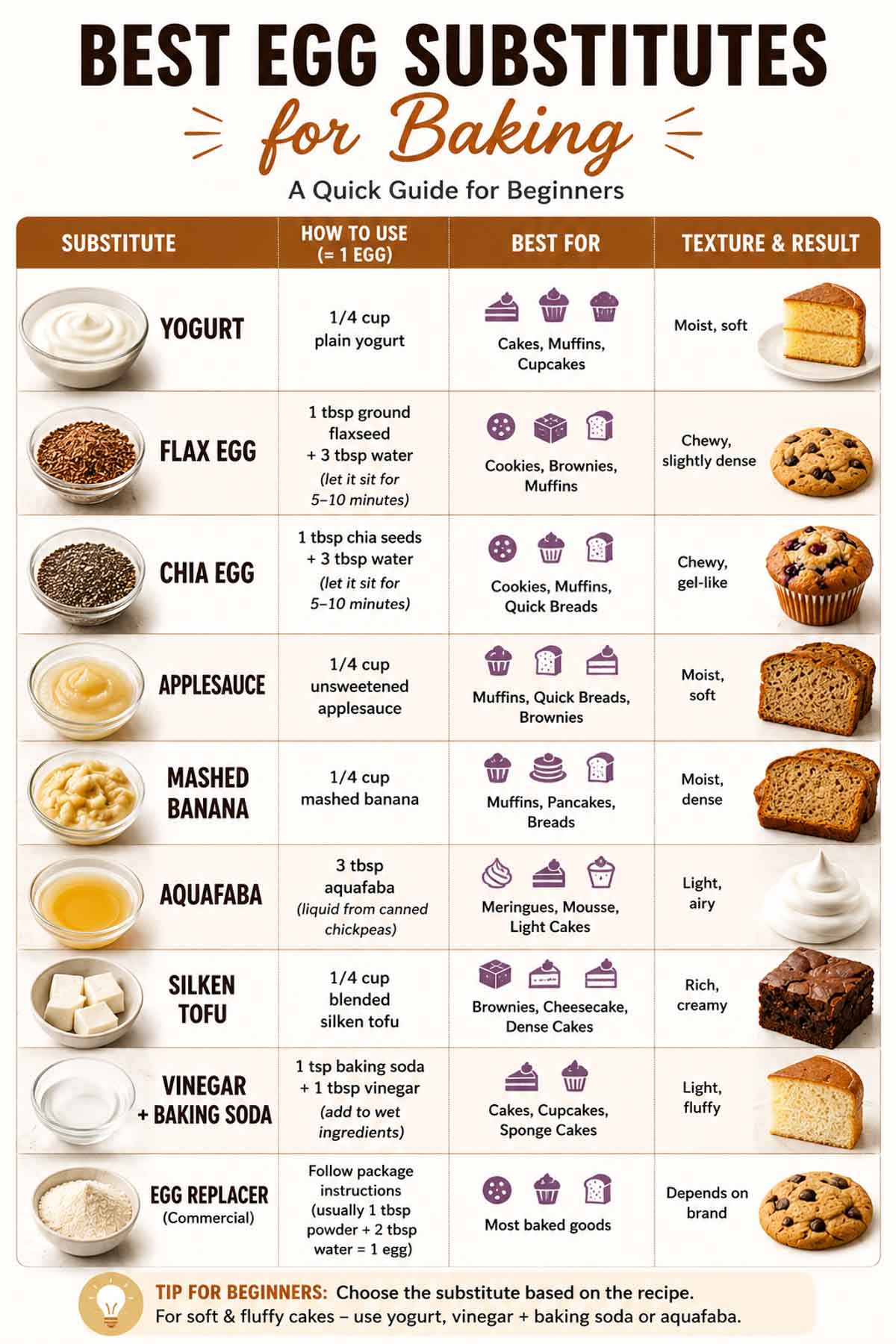 Best egg substitutes for baking cakes, cookies, brownies, and muffins.