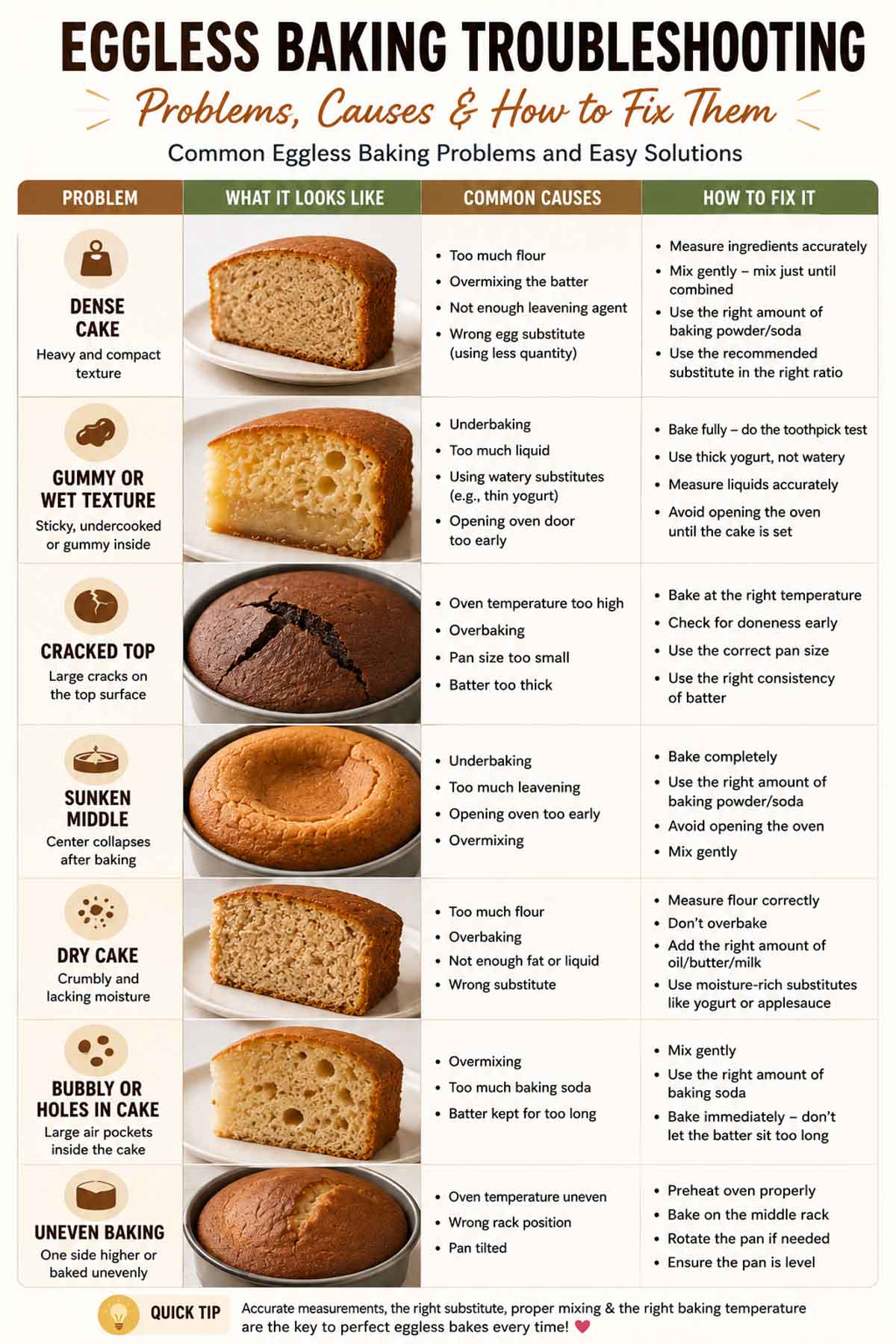 Common eggless baking mistakes and how to fix dense, gummy, dry, or sunken cakes.