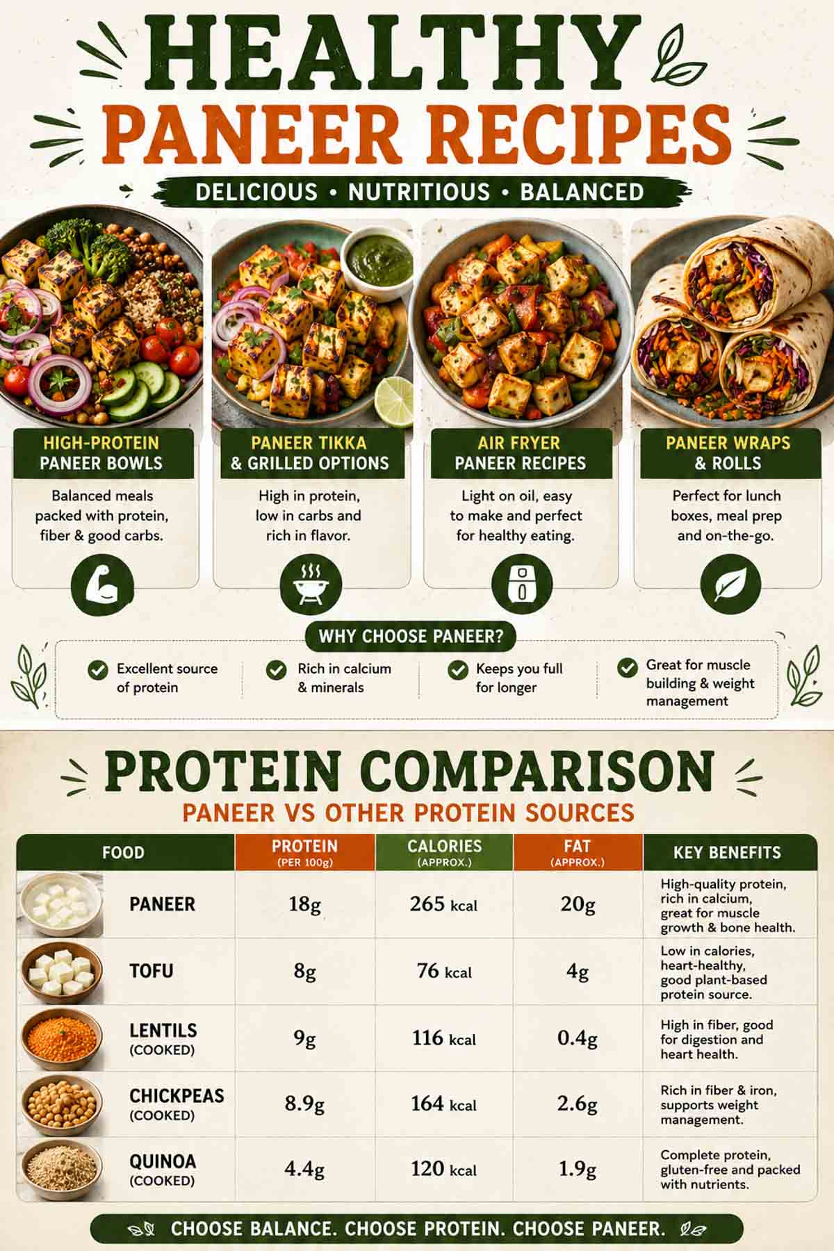 Healthy paneer recipes and protein comparison chart with tofu, lentils, and quinoa.