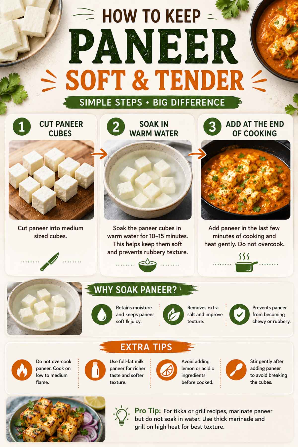 Step-by-step guide showing how to keep paneer soft and tender while cooking.