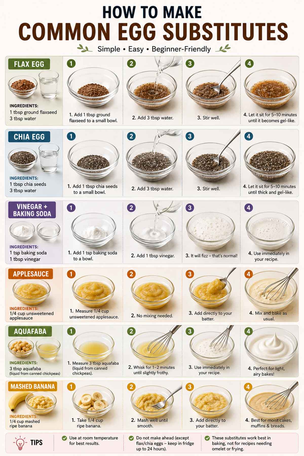 Step-by-step guide to making flax eggs, chia eggs, aquafaba, and applesauce substitutes.