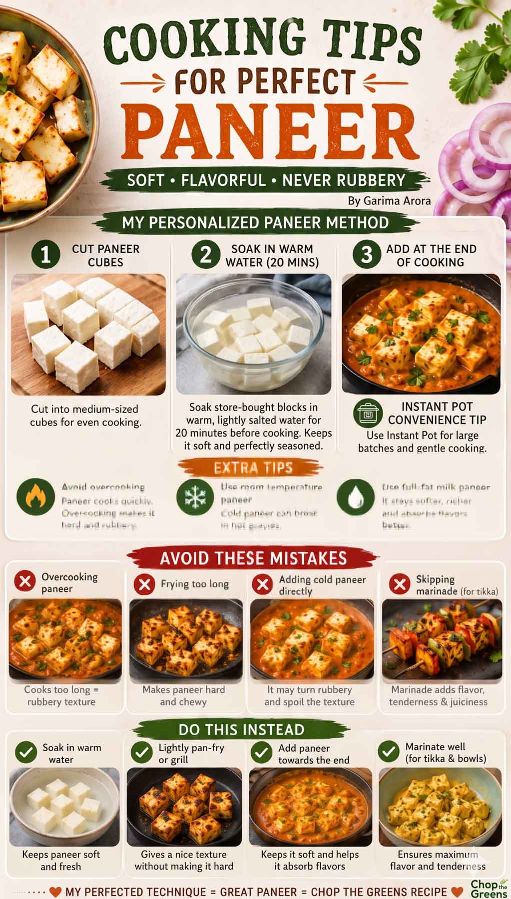 Cooking tips infographic showing how to keep paneer soft and avoid rubbery texture.