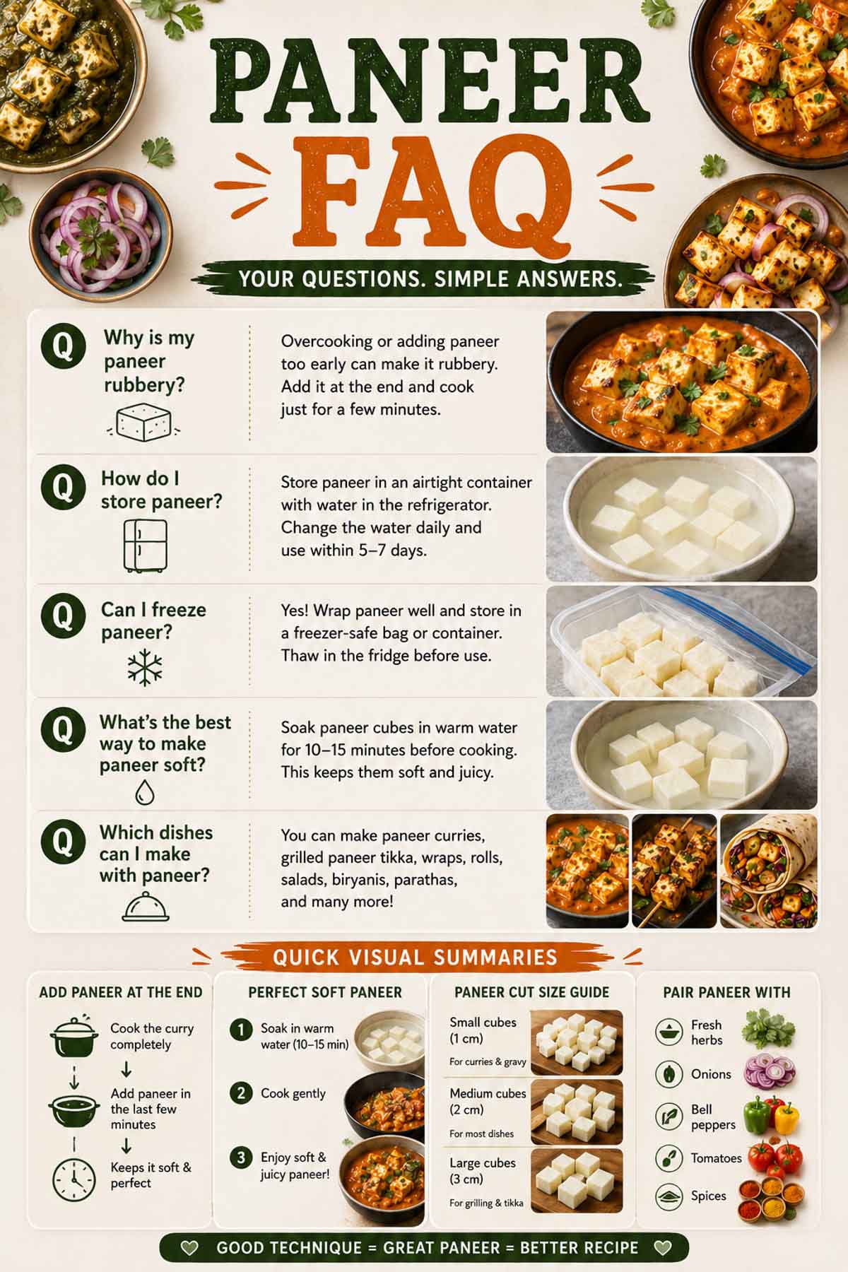 Paneer FAQ infographic answering common questions about storing, freezing, and cooking paneer.