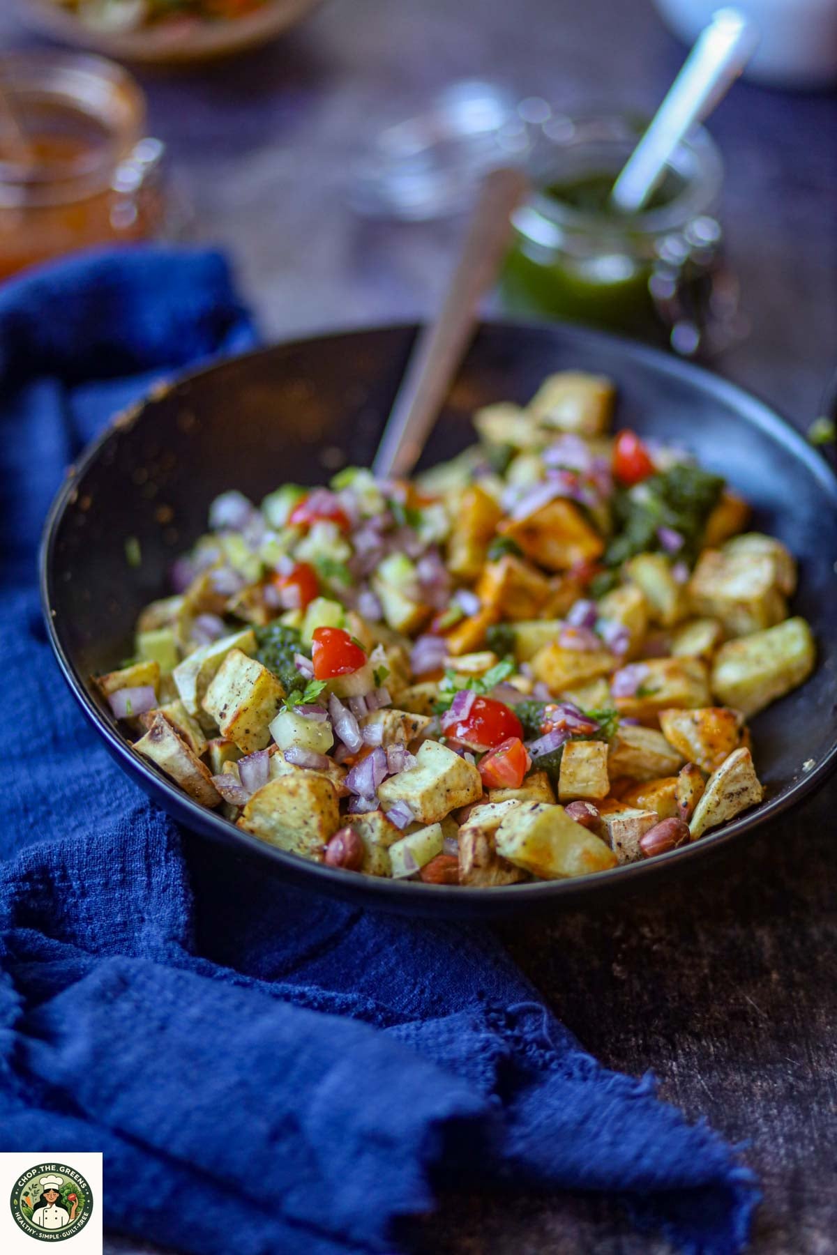 Overhead view of air fryer sweet potato chaat.