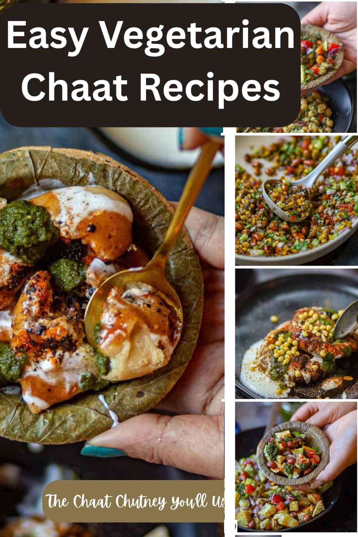 Graphic featuring easy vegetarian chaat recipes including aloo tikki chaat, sprouts chaat, sweet potato chaat, and matar chaat.