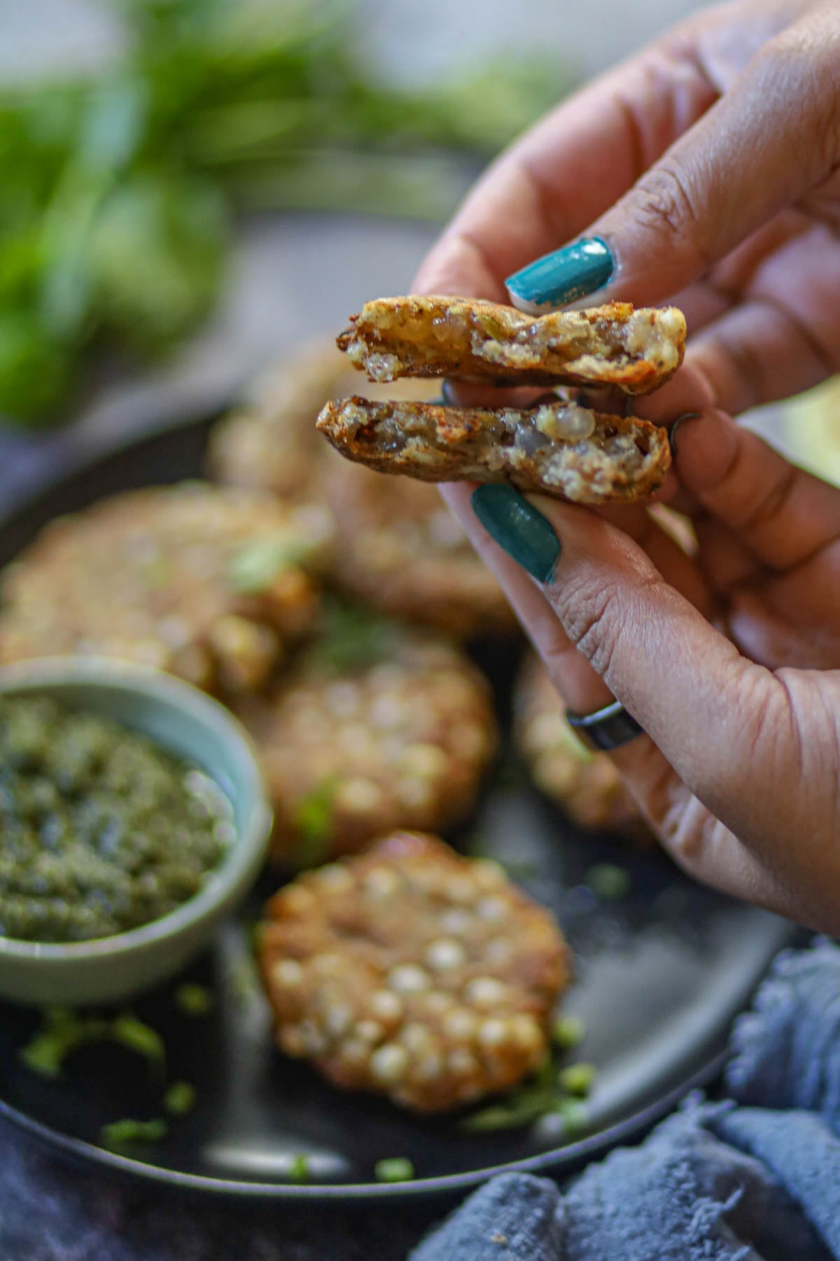 Inside of air fryer sabudana vada showing soft center.