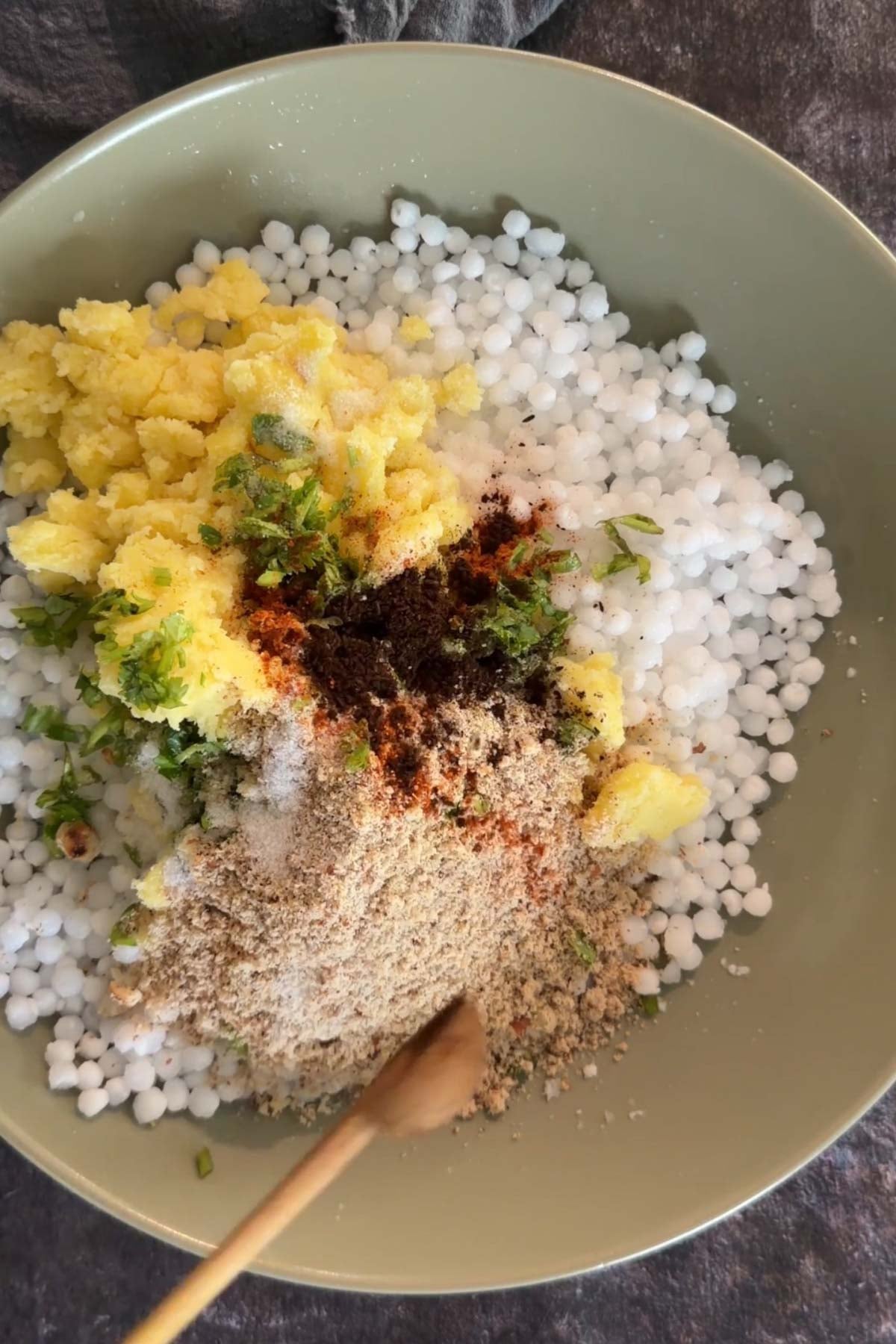 Sabudana, potatoes, peanuts and spices for sabudana vada.