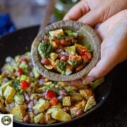 Air fryer sweet potato chaat served with chutneys and peanuts.