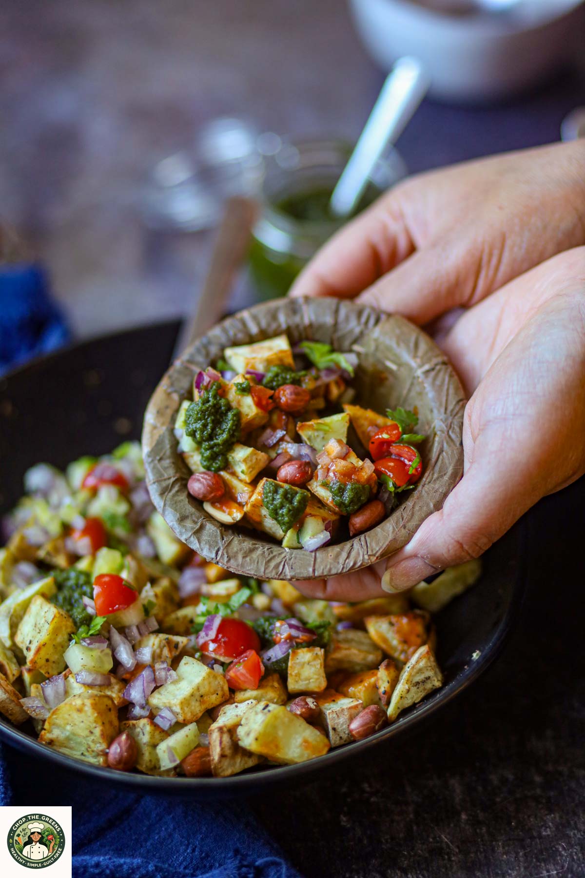Air fryer sweet potato chaat with vegetables, chutneys and peanuts.